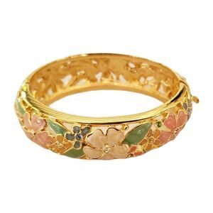 Joan Rivers Enamel Floral Hinged Bangle Bracelet Gold Tone